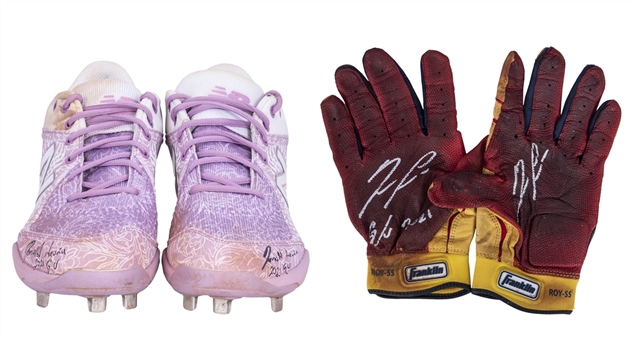 Lot of (2) 2021 Ronald Acuna Jr. Game Used Pair of Mothers Day New Balance Cleats & Franklin Batting Gloves - 4 Total Signatures (MLB Authenticated & Acuna LOA)